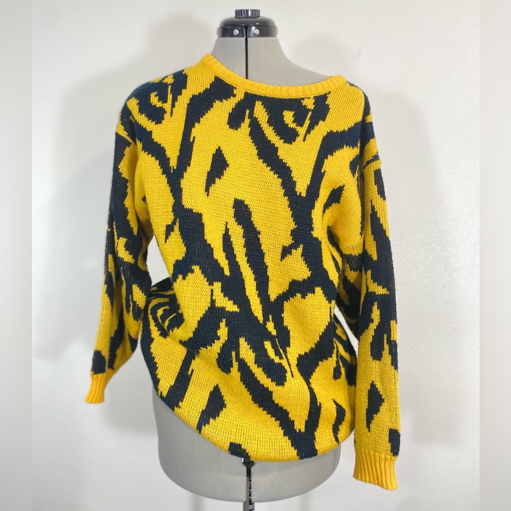 Vintage 80s Tunic Sweater Bold Lisa Frank Tiger Animal Print Abstract Maximalist